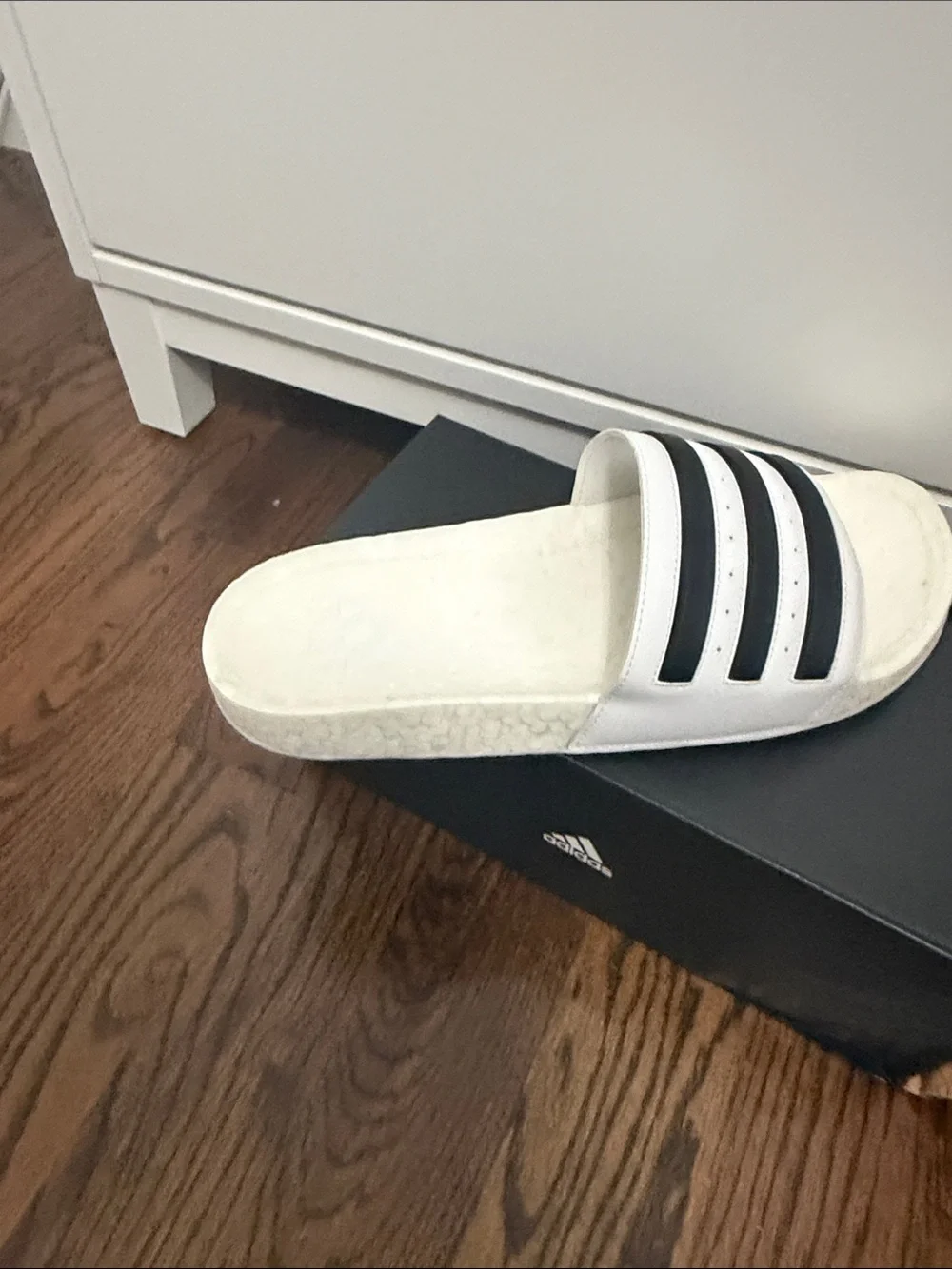 adidas White Slide Sandals with Black Stripes